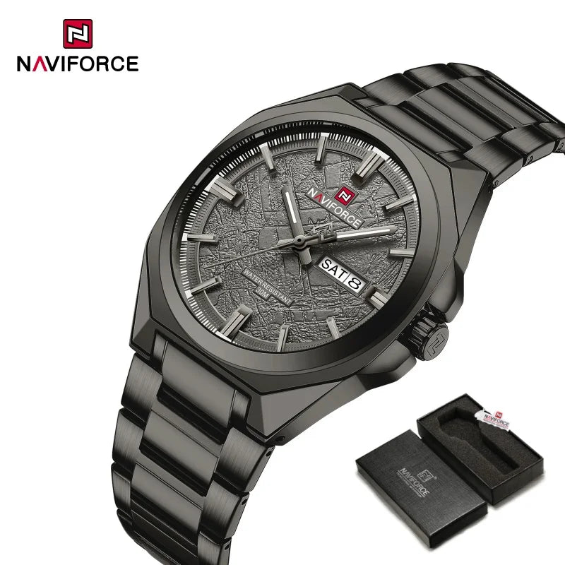 NAVIFORCE Men's Watch Quartz Calendar Week Display Waterproof Luminous Steel Band Male Trendy Outdoor Business Wristwatch NF9273
