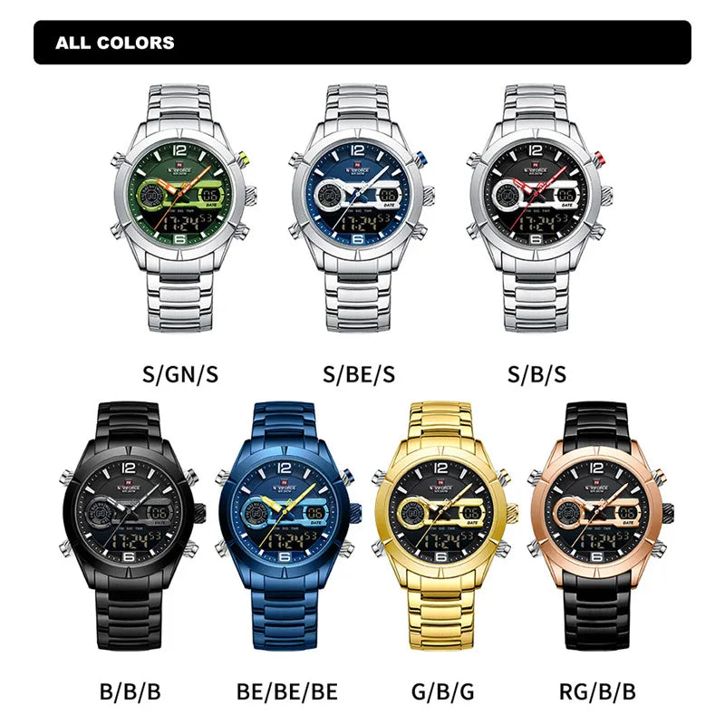 NAVIFORCE Men's Luxury Waterproof Digital Sport Watch Quartz Wristwatch Military Luminous Stainless Steel Strap Male gifts