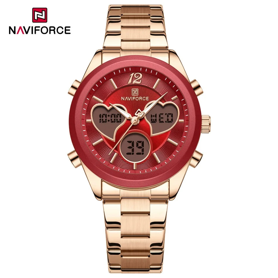 NAVIFORCE Women Watch Unique Design of Heart-Shaped Dial Quartz Analog LCD Digital Watches Fashion Casual Girlfriend Gifts Clock