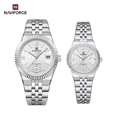 NAVIFORCE Couple Watch Quartz Calendar 3ATM Waterproof Stainless Steel Trendy Luxury Lover Wristwatch for Men and Women Gifts