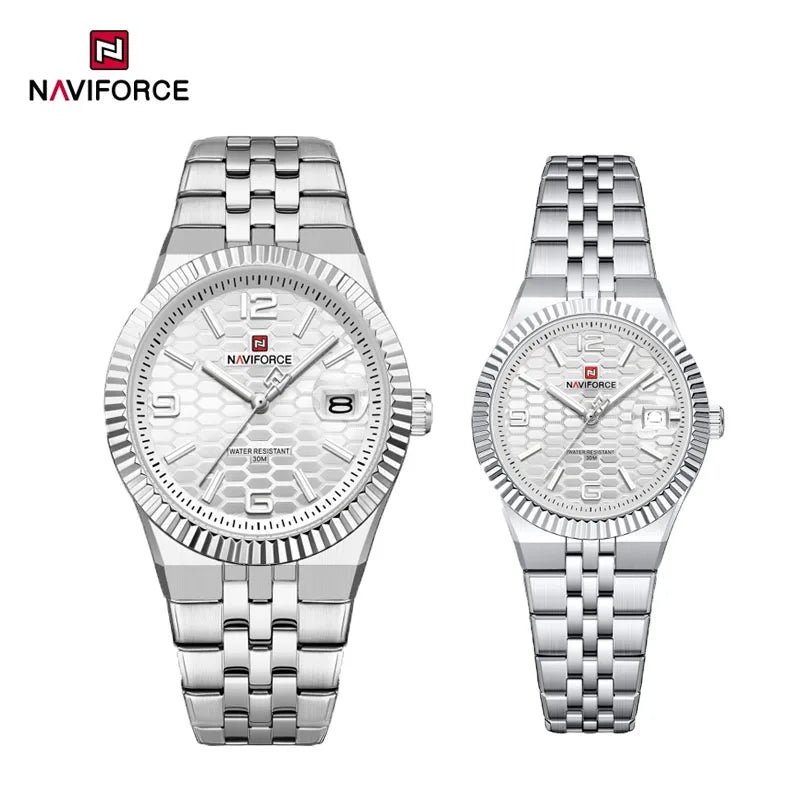 NAVIFORCE Couple Watch Quartz Calendar 3ATM Waterproof Stainless Steel Trendy Luxury Lover Wristwatch for Men and Women Gifts