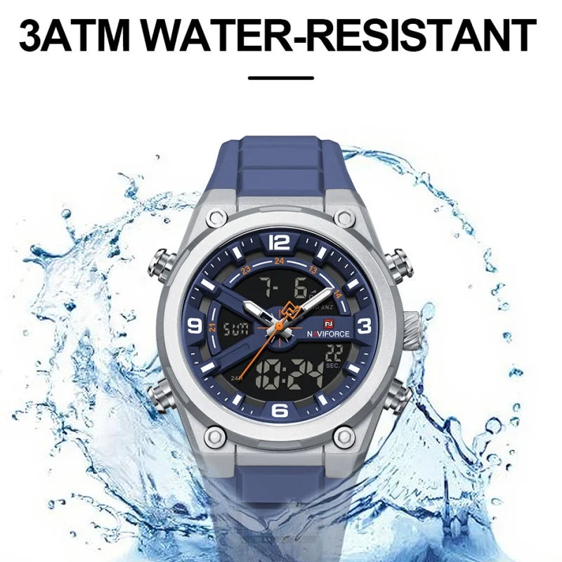 NAVIFORCE Man Watch Fashion Casual Sports Dual display Silicone Strap Waterproof Alarm Chronograph Day and Date Watches for Men