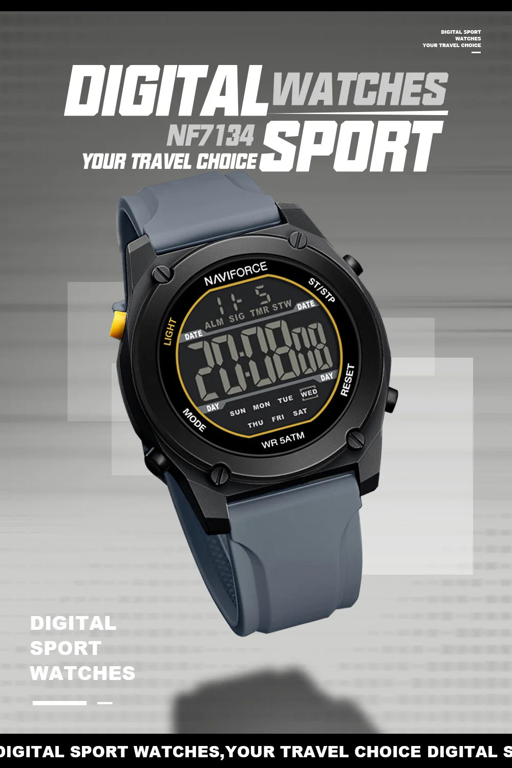 NAVIFORCE Men Digital Watch Sports Fashion Watches Waterproof 50M Man HD Electronic Screen Student Cool Alarm Display Wristwatch