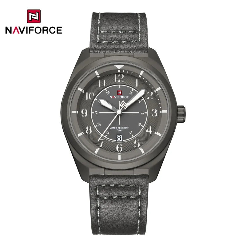NAVIFORCE Simple Men Quartz Calendar Watch 3ATM Waterproof Genuine Leather Strap Business Casual Fashion Mature Style Wristwatch