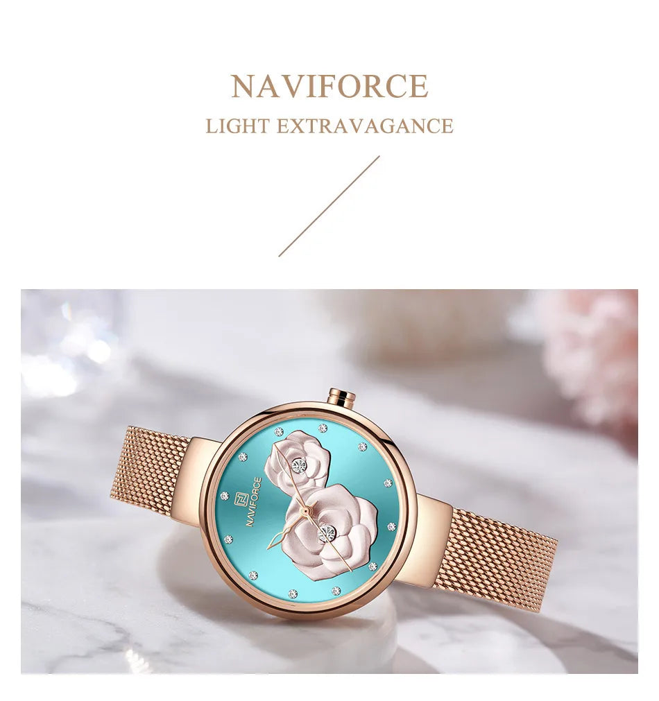 NAVIFORCE Woman's Quartz Watch Steel Band Creative Design Female Luxury Dress Clock Relogio Feminino Wristwatch Gift Box NF5013