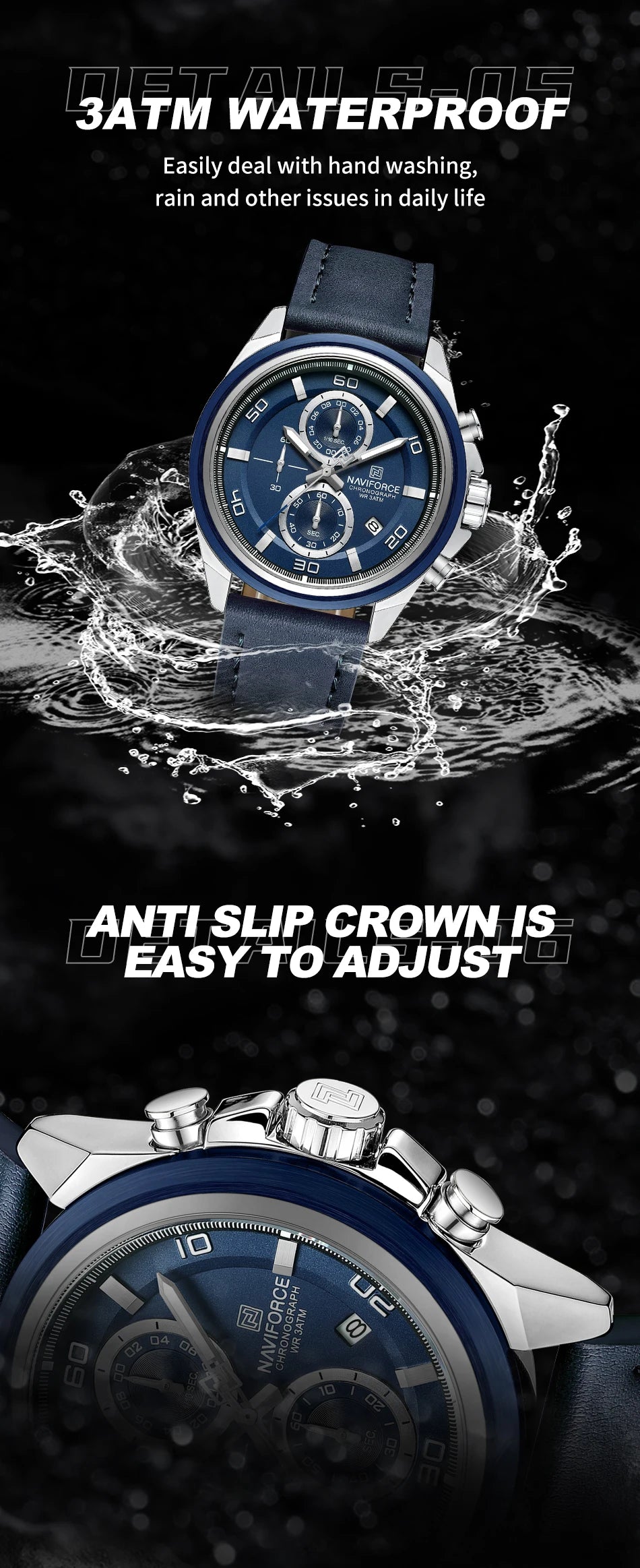NAVIFORCE Brand Watches For Men Genuine Leather Band Chronograph Quartz Wristwatches Casual Sport 30m Waterproof Male Gift Clock