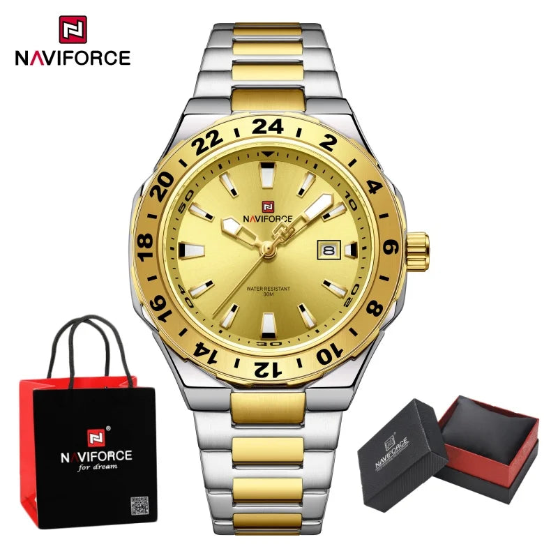 NAVIFORCE  Watches for Man Stainless Steel Waterproof Luxury Sports Quartz Clock Luminous Calendar Wristwatch Male Package Gifts