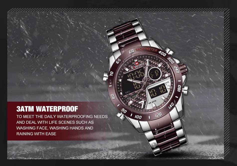 NAVIFORCE Men's Fashion Sports Watch Quartz Dual Display Luminous Waterproof Steel Band Clocks Male Outdoor Wristwatch Gifts Box