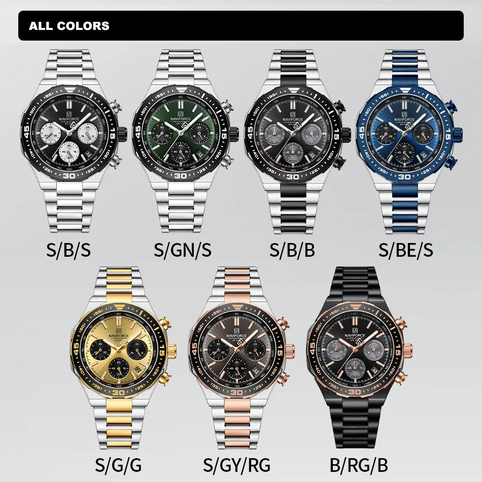 NAVIFORCE 2024 New Men Watch Waterproof Business Casual Date Luminous Quartz Wristwatch Chronograph Stainless Steel Strap Clock
