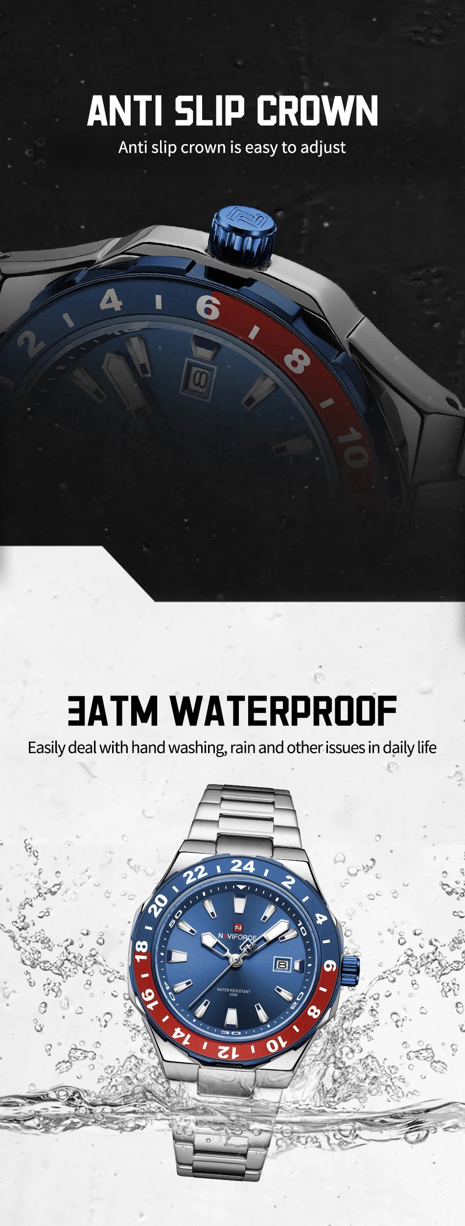 NAVIFOCE Luxury Business Man Watch Sport 3ATM Waterproof Quartz Clock Man Military Stainless Band WristWatch Relogio Masculino