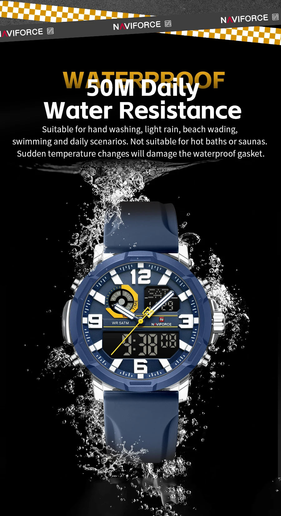 NAVIFORCE Men Dual Display Watch Alarm Clock 50M Waterproof Chronograph Stylish Novel Teenager Outdoor Sport Wristwatch Gift Box