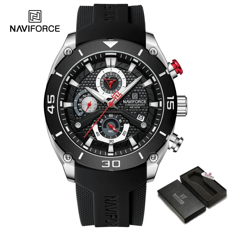 NAVIFORCE Man's Watch Quartz Chronograph 30M Waterproof Luminous Date Display Silicone Strap Trends Sports Wristwatch for Men