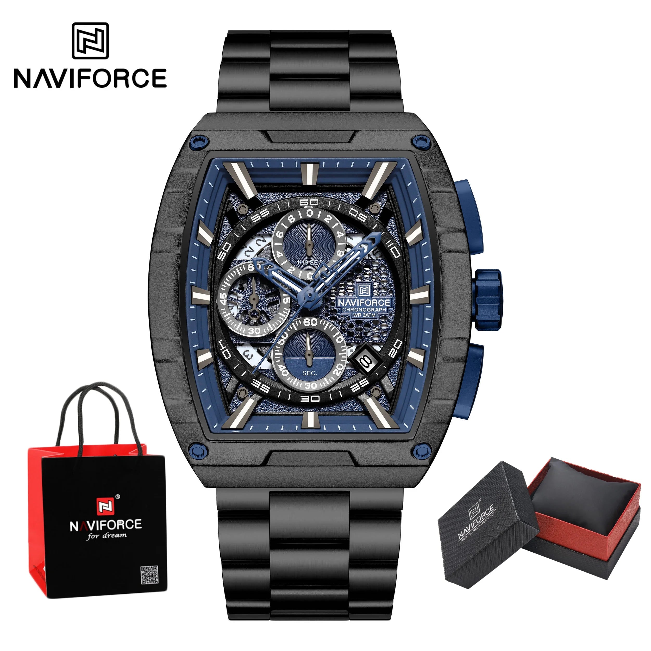 NAVIFORCE Men's Watches Sports Auto Date Man Watch Luxury Waterproof Stainless Steel Quartz Wristwatch Chronograph Package Gifts