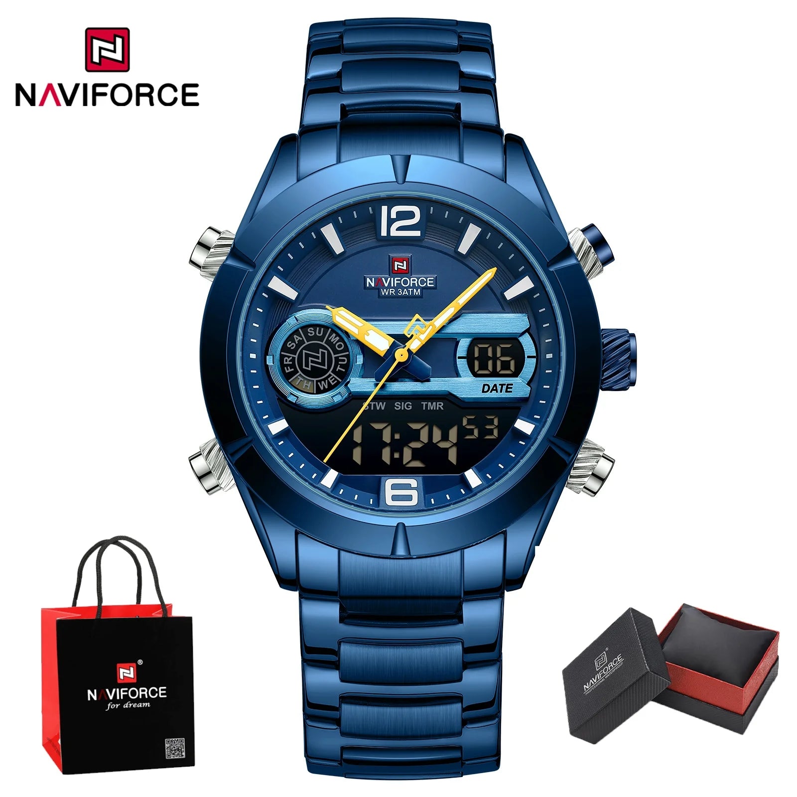 NAVIFORCE Men's Luxury Waterproof Digital Sport Watch Quartz Wristwatch Military Luminous Stainless Steel Strap Male gifts