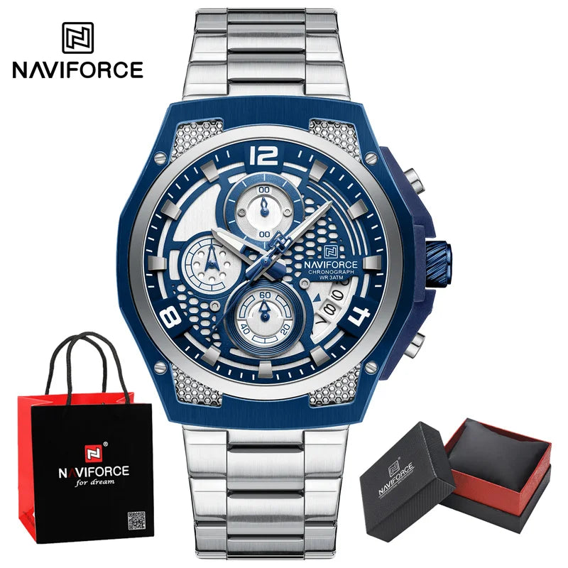 NAVIFORCE Business Watches for Men Fashion Stainless Steel Quartz Chronograph Waterproof WristWatch Male In Luxury Package Gifts