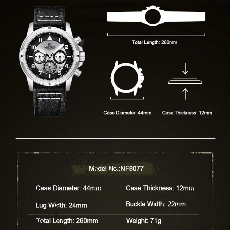 NAVIFORCE New Male Wristwatch Multi Dial Chronograph 24 Hour Clock Leather Band Men Modern Business Luxury Man's Watch NF8077
