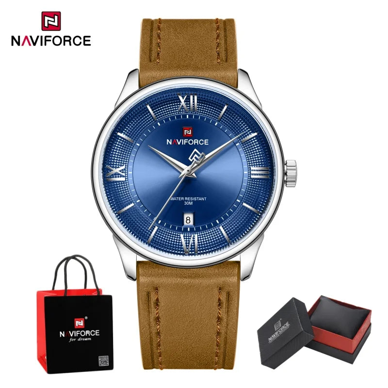 NAVIFORCE High Quality Men's Quartz Watch Date Display 3ATM Waterproof Leather Strap Male Fashionable Luxury Wristwatch Gift Box