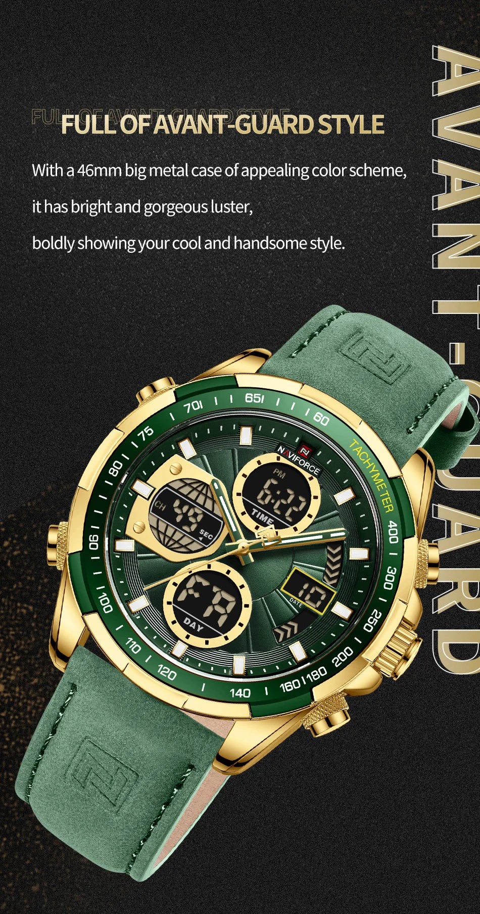 NAVIFORCE Man's Watch Quartz Chronograph Alarm Waterproof Big Clock Digital Military Luxury Male Wristwatch Gift Box NF9197L