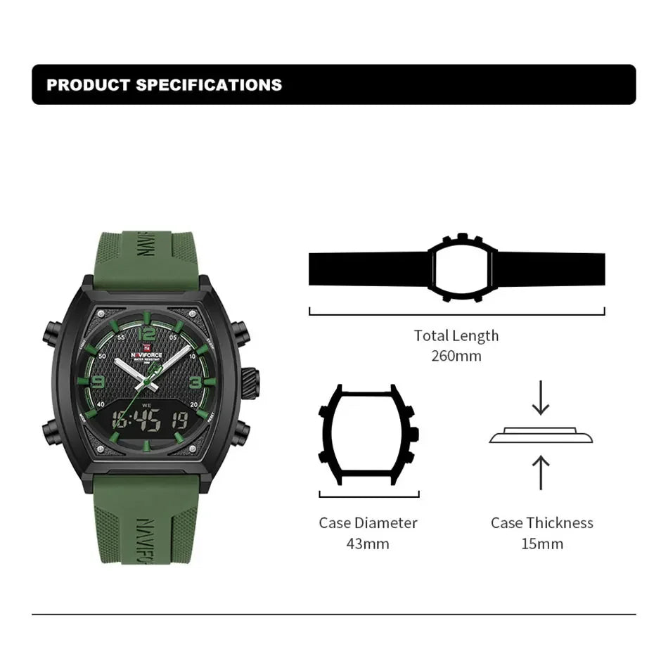 NAVIFORCE Sport Watch Waterproof Analog Dual Time Digital Wristwatches Week Display Clock Tonneau 2025 New Mens Military Watches