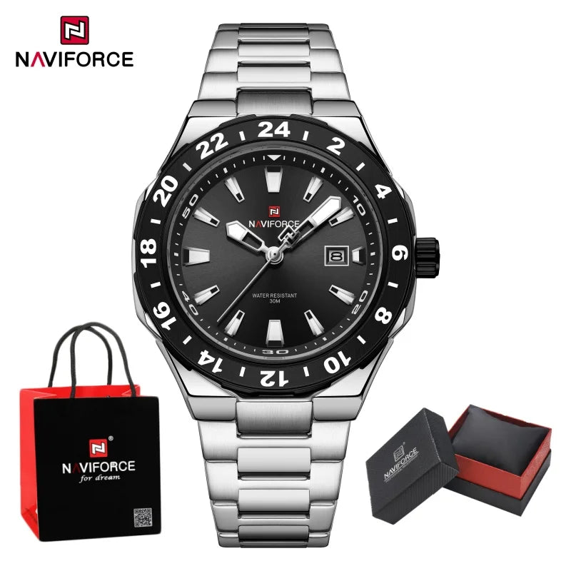 NAVIFORCE  Watches for Man Stainless Steel Waterproof Luxury Sports Quartz Clock Luminous Calendar Wristwatch Male Package Gifts