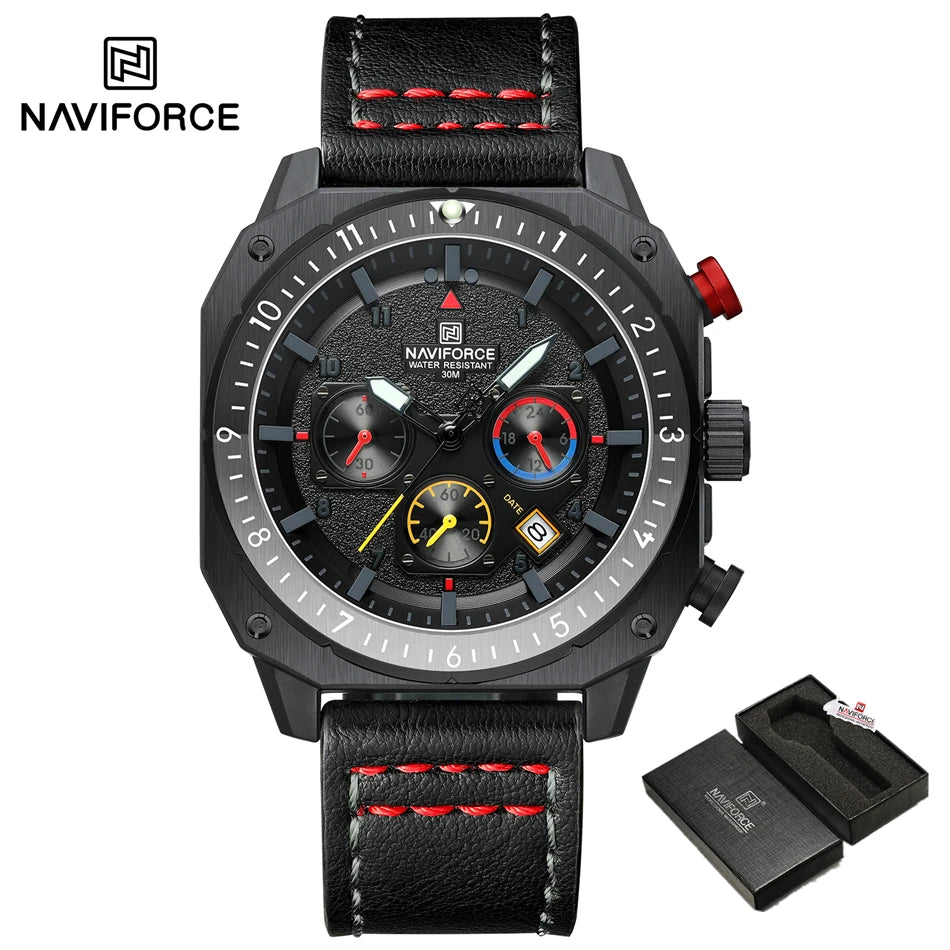 NAVIFORCE Sports Multifunction 24 Hours Date Display Waterproof Watch for Men Fashion Leather Quartz Analog Luminous Wrist Watch