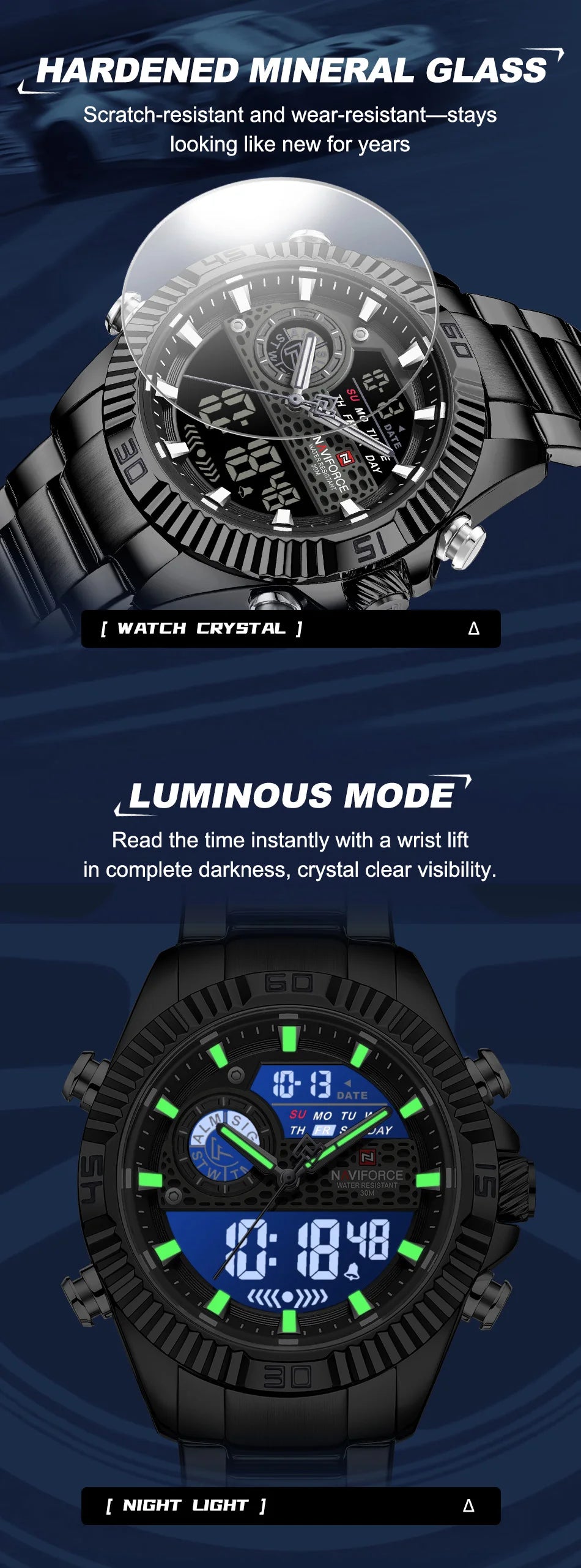 NAVIFORCE Men Watches Quartz Dual Display Waterproof Stainless Steel Male Luxury Fashion Business Outdoor Wristwatch Gifts Box