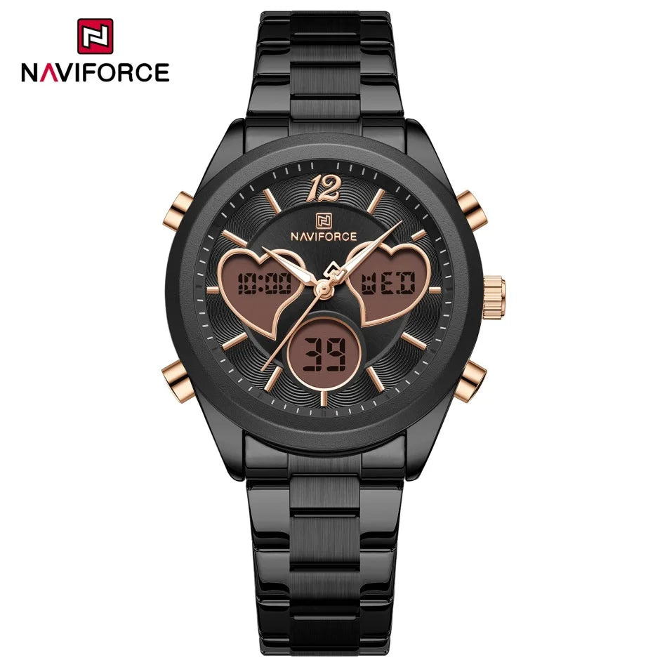 NAVIFORCE Women Watch Unique Design of Heart-Shaped Dial Quartz Analog LCD Digital Watches Fashion Casual Girlfriend Gifts Clock