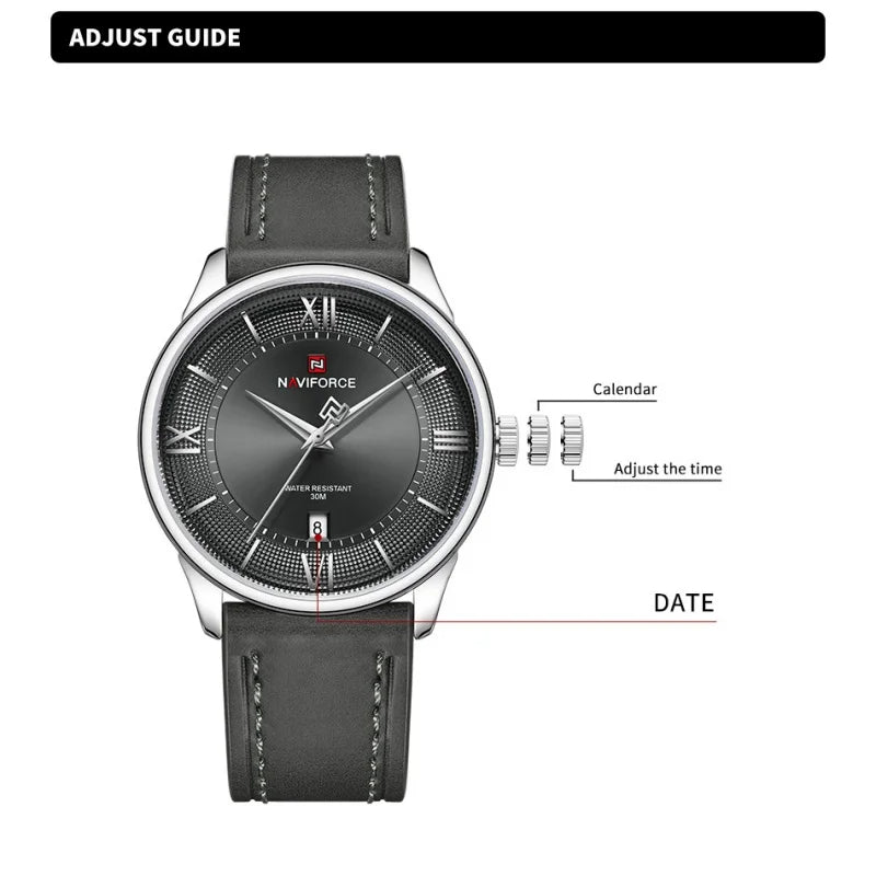 NAVIFORCE High Quality Men's Quartz Watch Date Display 3ATM Waterproof Leather Strap Male Fashionable Luxury Wristwatch Gift Box