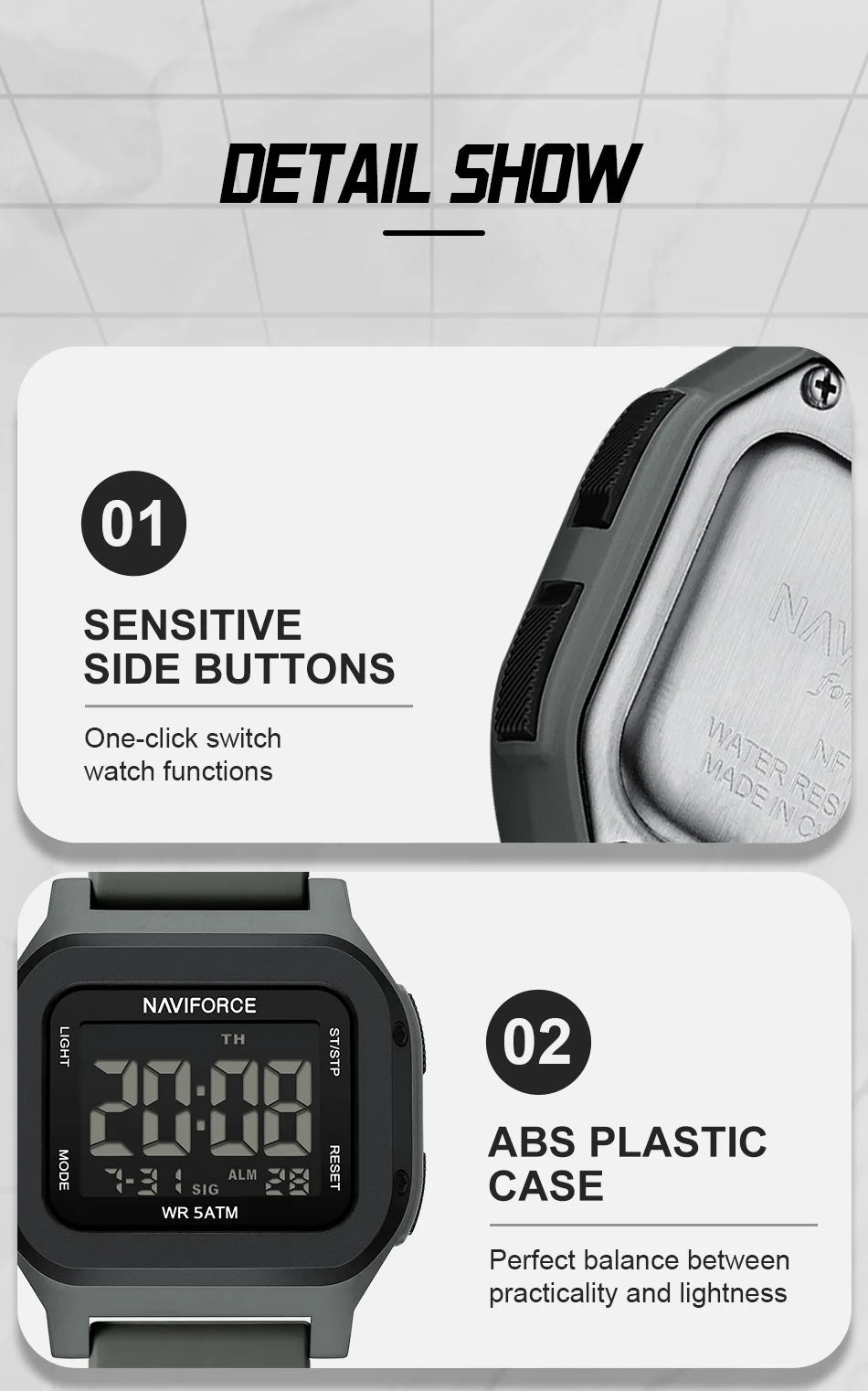 High Quality NAVIFORCE Men's Sport Wristwatch LCD Display 50m Waterproof Alarm Stopwatch BackLight Unique Square Case Gift Clock