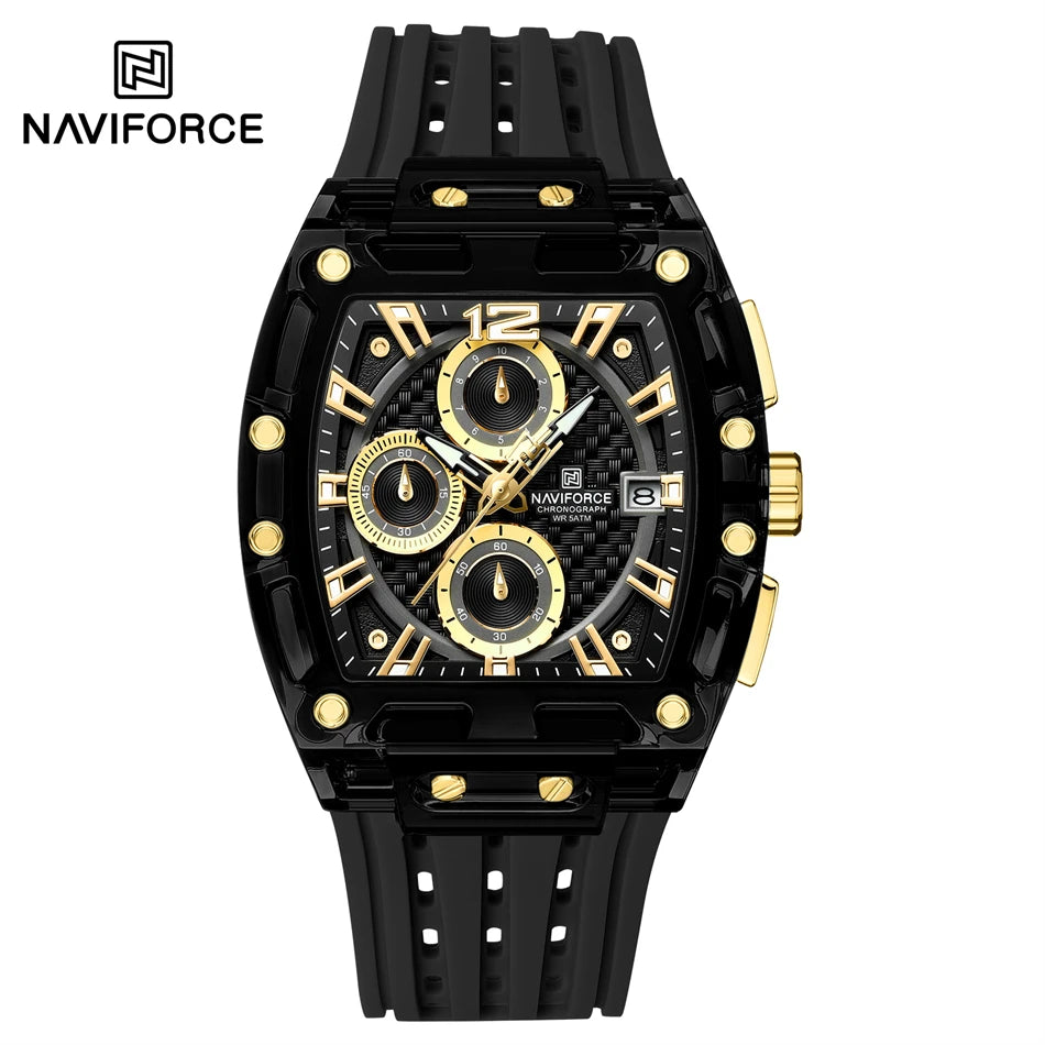 NAVIFORCE Men's Quartz Watch Multifunctional Colorful Chronograph Top Brand Silicone Strap 5ATM Waterproof Tonneau Wristwatches