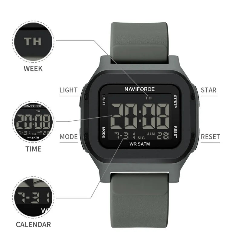 High Quality NAVIFORCE Men's Sport Wristwatch LCD Display 50m Waterproof Alarm Stopwatch BackLight Unique Square Case Gift Clock