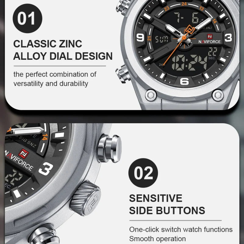NAVIFORCE Man's Watches Dual Display Week and Date Waterproof Luminous Silicone Strap Male Business Fashion Wristwatch Gift Box
