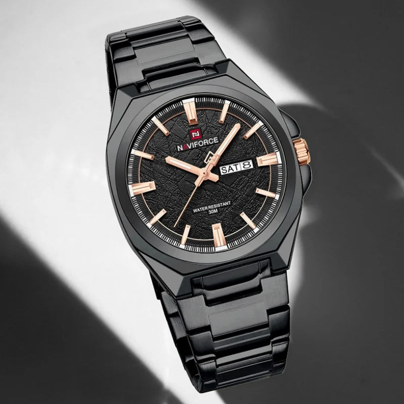 NAVIFORCE Male Quartz Stylish Wristwatch Date Week Display Waterproof Luminous Steel Band Man's Clock Luxury Wristwatch Gift Box