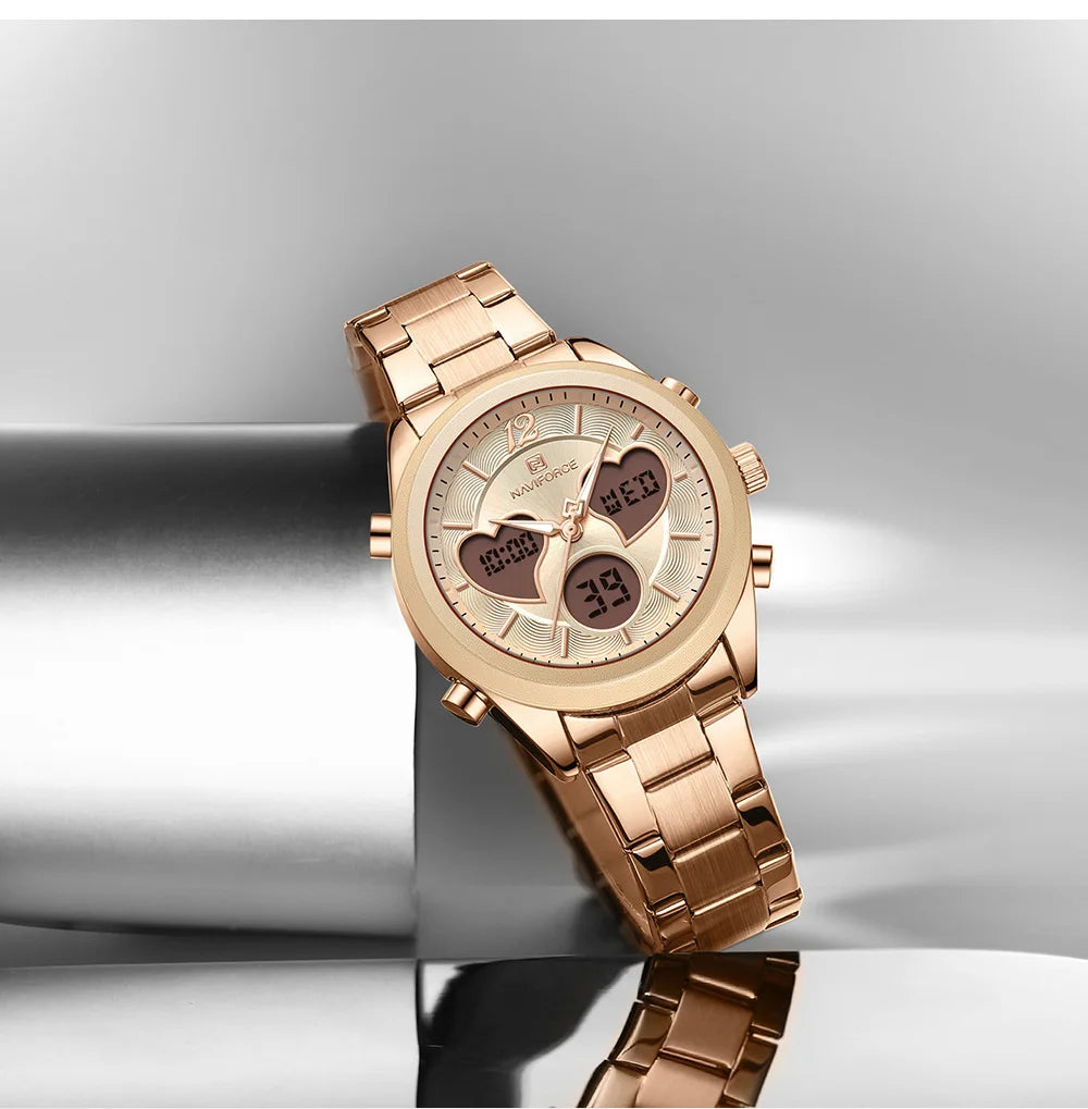 NAVIFORCE Women Watch Unique Design of Heart-Shaped Dial Quartz Analog LCD Digital Watches Fashion Casual Girlfriend Gifts Clock