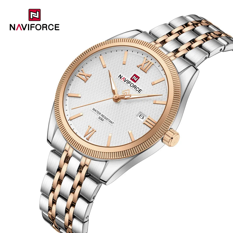 NAVIFORCE Man Wristwatch Quartz Calendar 30M Waterproof Date Display Steel Band Casual Male Business Watch Gift for Father's Day
