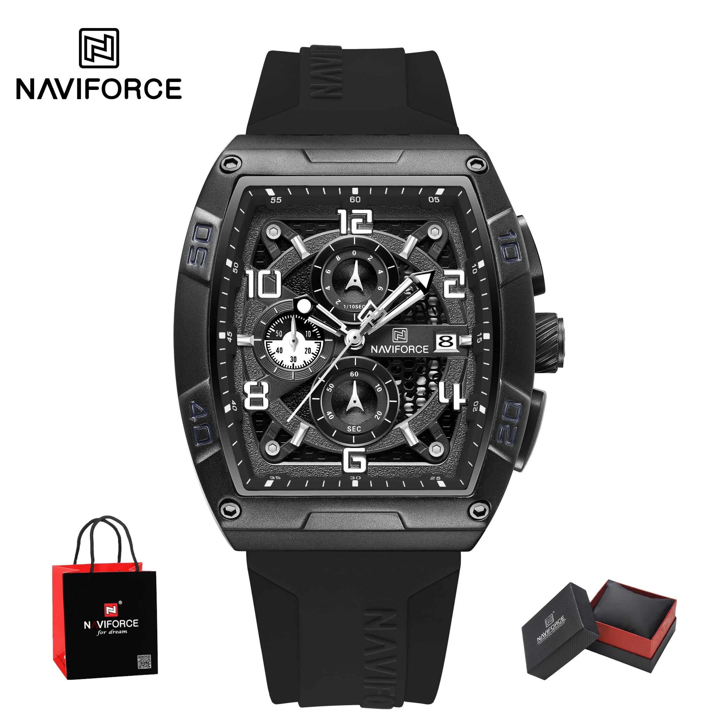 NAVIFORCE Fashion Men’s  Large Dia Multi-function PU Waterproof Clock Gold Design Quartz Watches Casual Male Wrist Watch Gifts