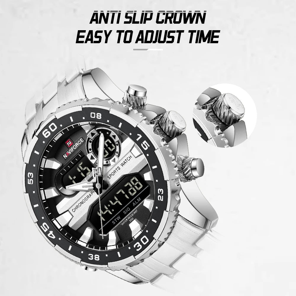 Gifts for Boyfriends NAVIFORCE Men's Silver Black Quartz Watch LCD Digital Waterproof  Wristwatch Male Luminous Hands Date Clock