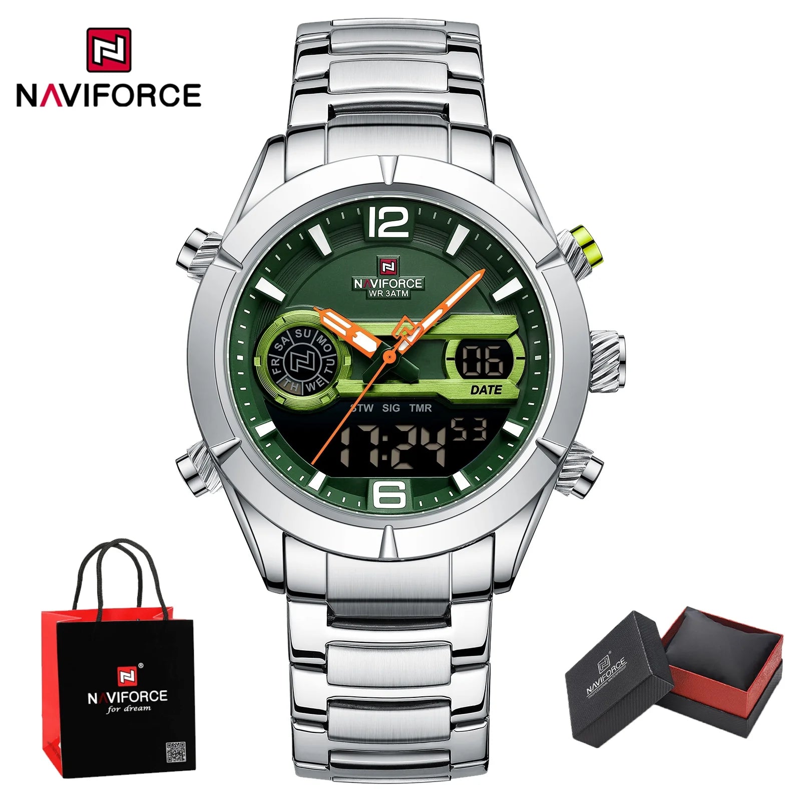 NAVIFORCE Men's Luxury Waterproof Digital Sport Watch Quartz Wristwatch Military Luminous Stainless Steel Strap Male gifts