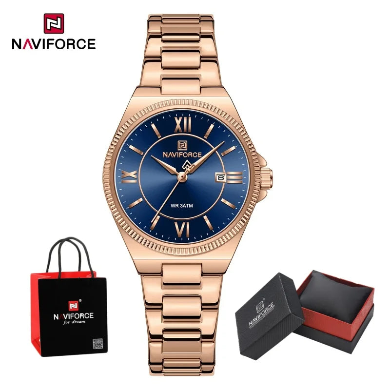 NAVIFORCE Women's Quartz Watch 3ATM Waterproof Date Display Stainless Steel Fashion for Daily Dress Lady Wristwatch Gifts Box