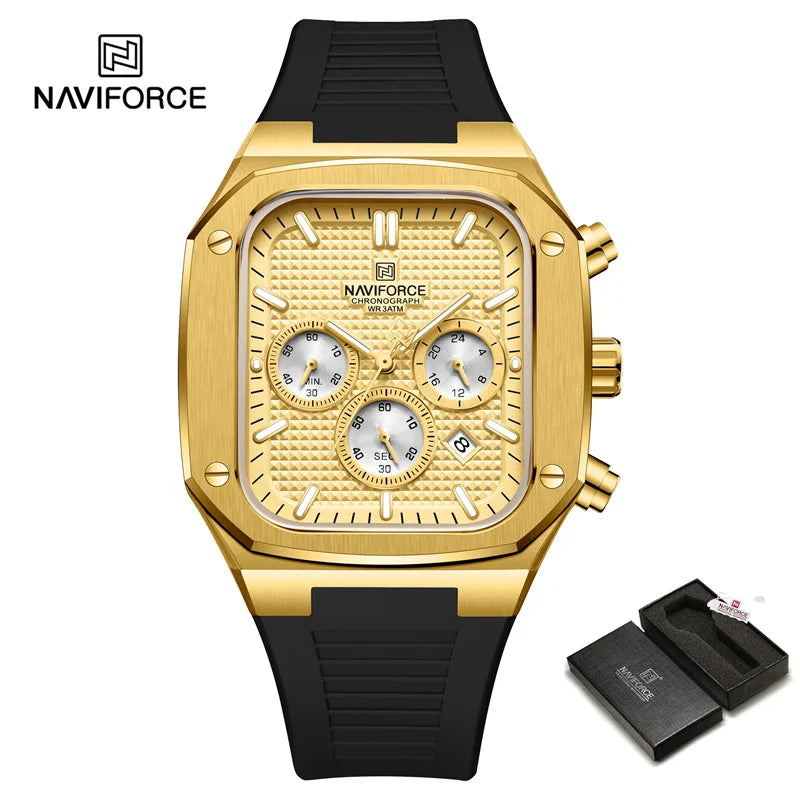 NAVIFORCE Men's Luxury Gold Watch Fashion Silicone Strap Quartz Movement Waterproof Square Wristwatch with Luminous Hands And Da