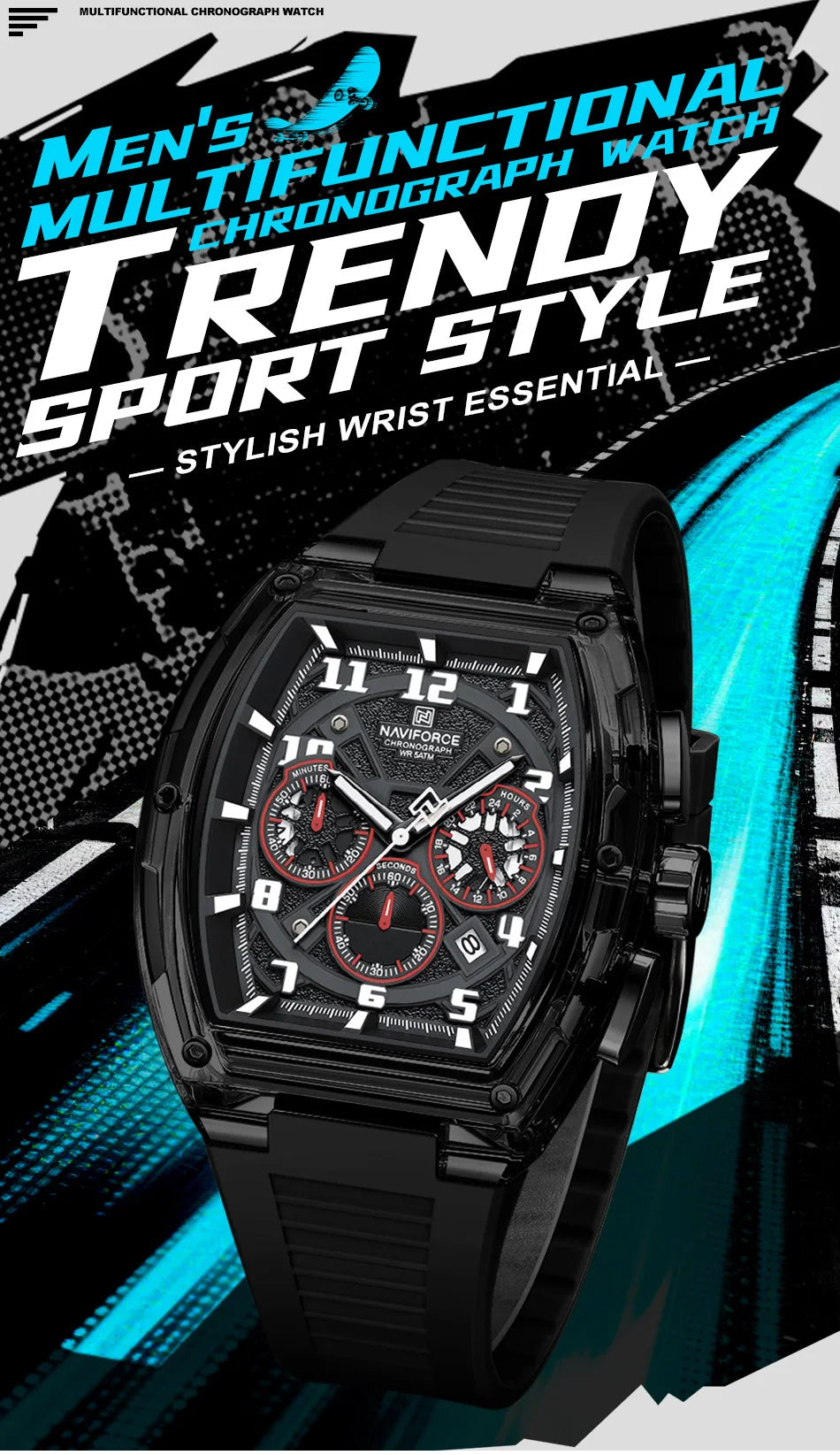 NAVIFORCE Men Fashion Watches Quartz Multifunction Chronograph 50M Waterproof Clock Silicone Strap Male Outdoor Sport Wristwatch