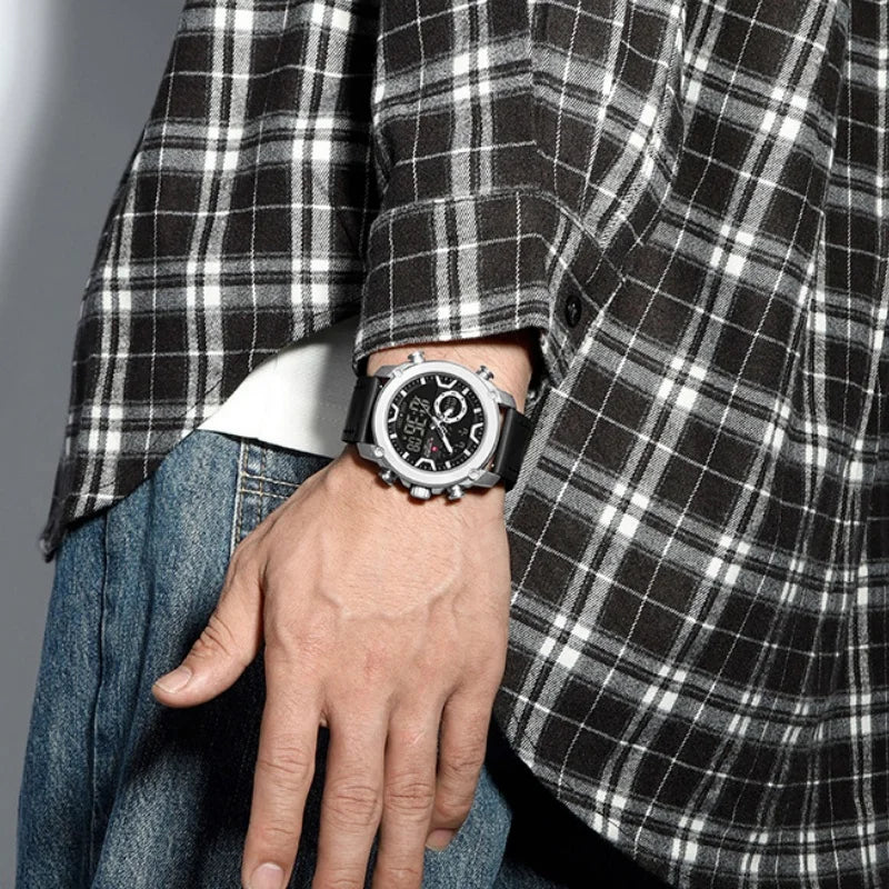 NAVIFORCE Man's Watch Quartz Dual Display Waterproof Leather Strap Alarm Male Simple Fashion Business Casual Wristwatch Gift Box