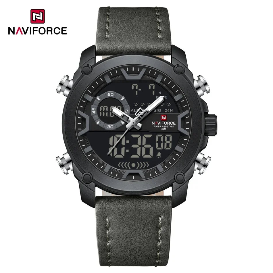 NAVIFORCE Men Watch Business Casual Fashion Dual Display Sport Genuine Strap Alarm Mode Quartz Wristwatch Man Waterproof Watch