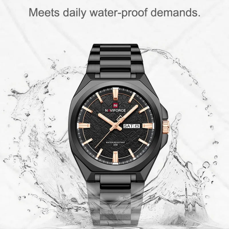 NAVIFORCE Male Quartz Stylish Wristwatch Date Week Display Waterproof Luminous Steel Band Man's Clock Luxury Wristwatch Gift Box