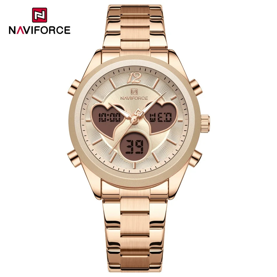 NAVIFORCE Women Watch Unique Design of Heart-Shaped Dial Quartz Analog LCD Digital Watches Fashion Casual Girlfriend Gifts Clock