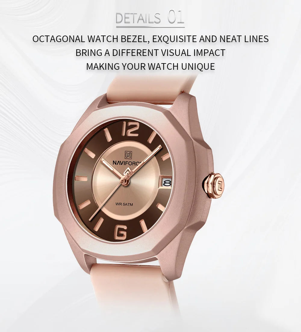 NAVIFORCE Watch Women's Luxury Quartz Watches Ladies Simple Style Silicone Strap Wrist Watch Date Display Clock Package Gifts