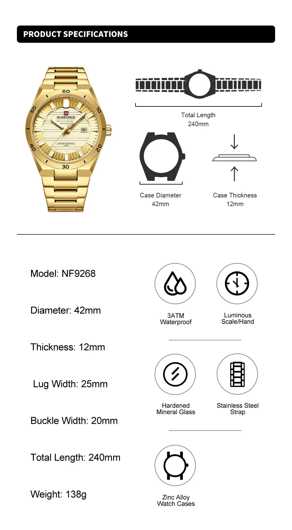 NAVIFORCE Men Quartz Watch Original Waterproof mens wristwatch Steel Strap Quartz Date Display Luminous Fashion Watches For Men