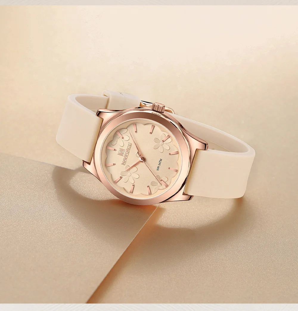 NAVIFORCE Women Simple Fashion Wristwatch Quartz 3ATM Waterproof Comfortable Silicone Strap Female Exquisite Wristwatch Gift Box
