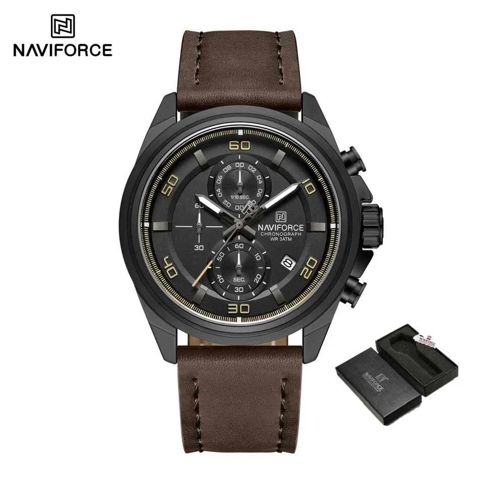 NAVIFORCE Brand Watches For Men Genuine Leather Band Chronograph Quartz Wristwatches Casual Sport 30m Waterproof Male Gift Clock
