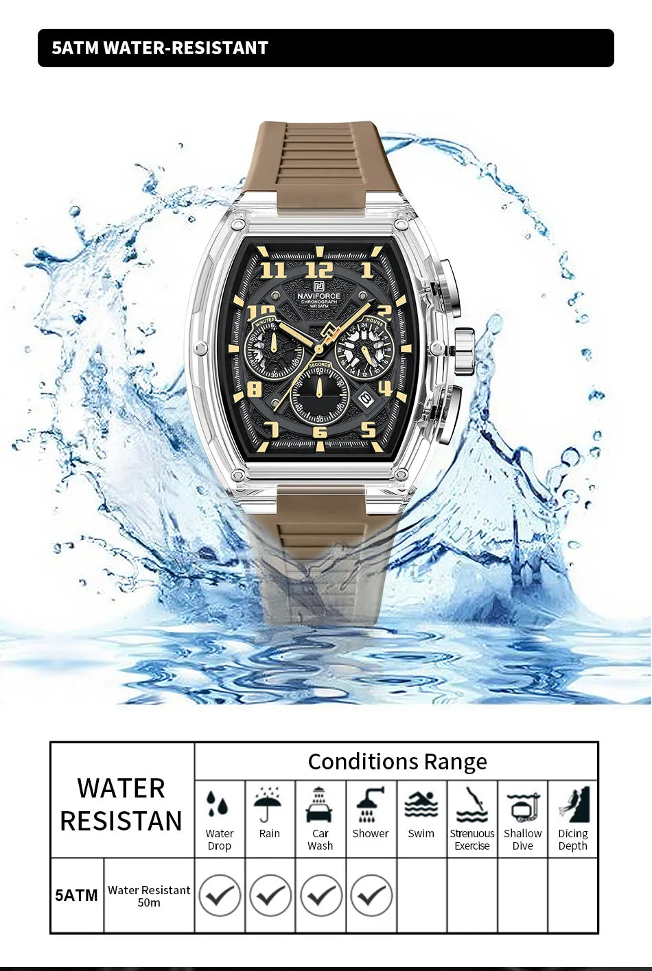 NAVIFORCE Men's Watch Quartz Chronograph Luminous Soft Silicone Strap Business Trendy Outdoor Casual Wristwatch Gift Box for Man
